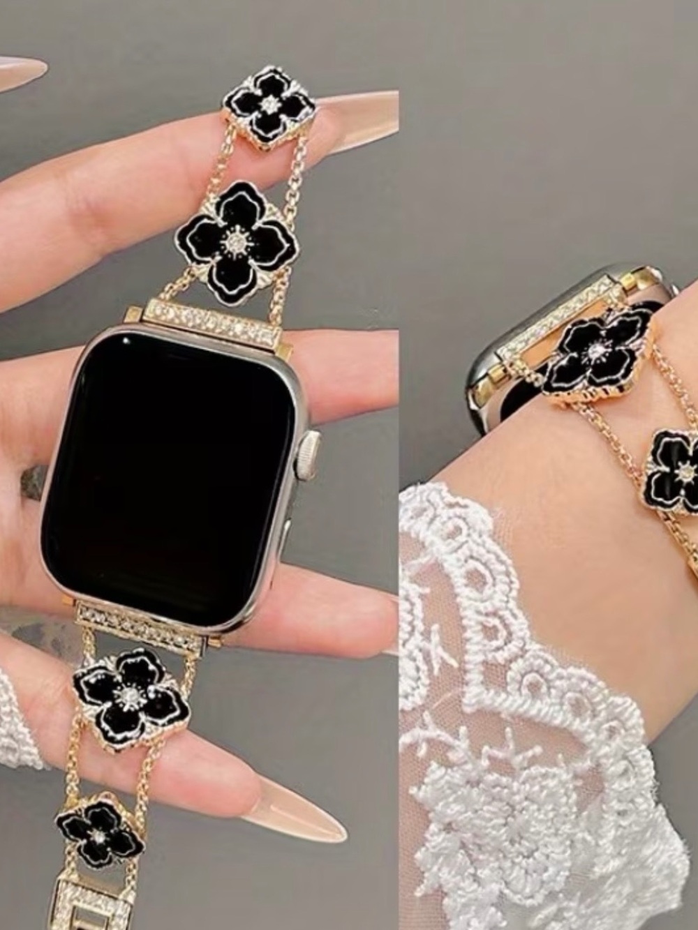 Kohl's Gold-Tone Watch Band with Black Floral Accents